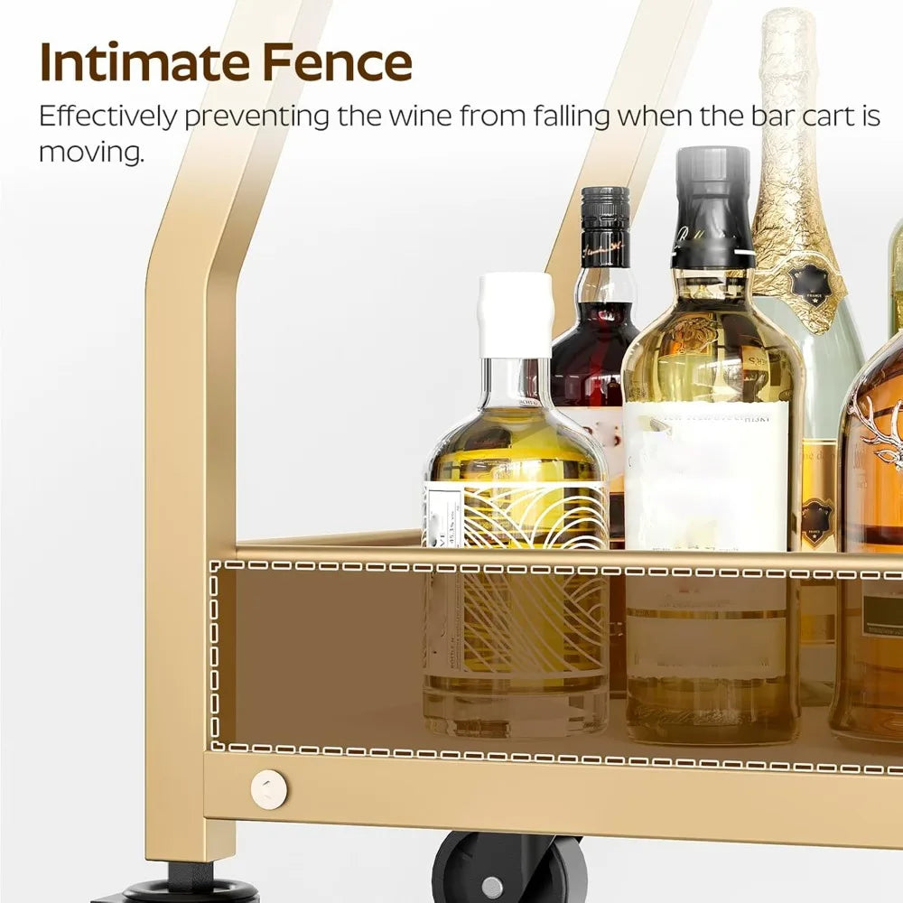3-Tier Bar Cart with Wheels, Gold Drink Cart for Home,