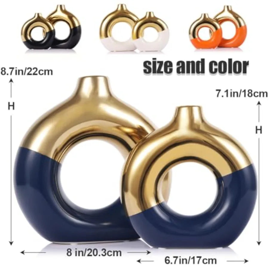 Gold and Navy Blue Ceramic Donut Vase Set of 2,