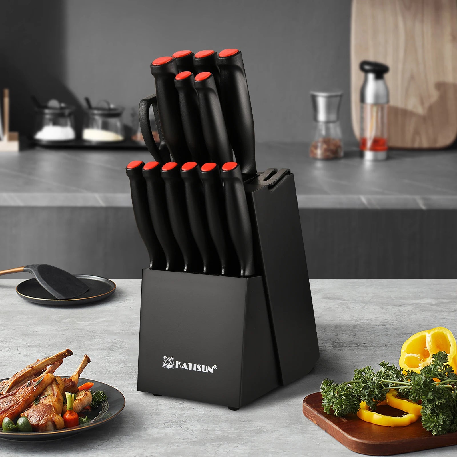 15 Pieces Kitchen Knife Block Set, Ergonomic Black Anti-Slip Handle with Red Trim, Includes Sharpener