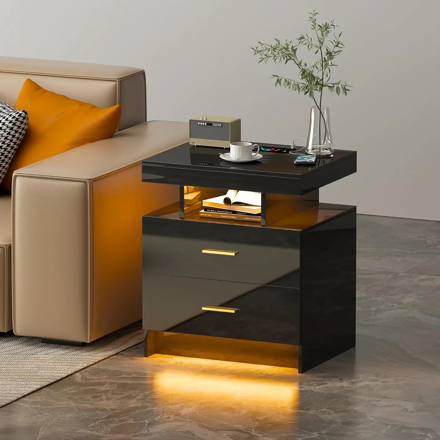 Black Night Stand Set 2  with Wireless Charging 3 Drawers Glass Top