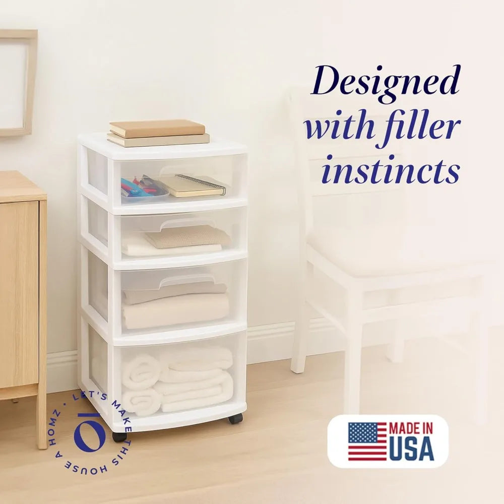 4 Tier Clear Plastic Drawer Tower on Wheels for  Storage