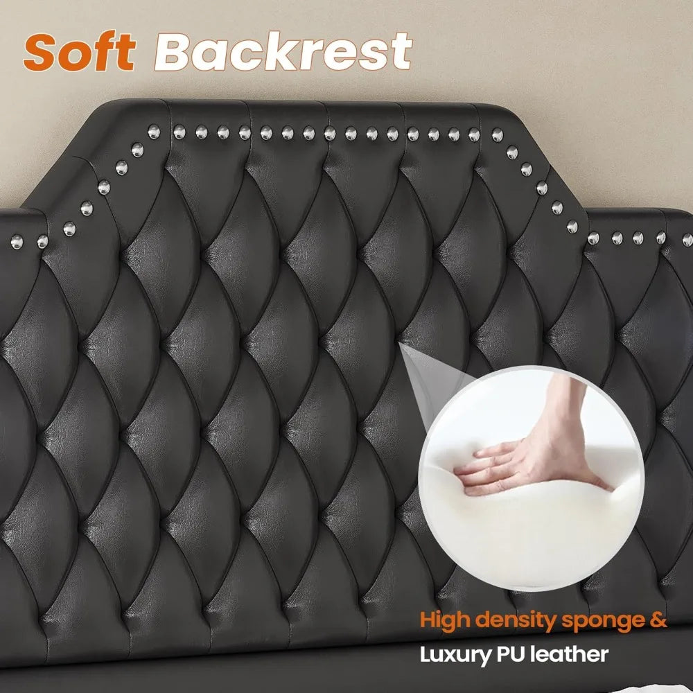 Queen Bed Frame W/ LED, Leather Upholstered Charging Station,  2 Nightstands. Mirror