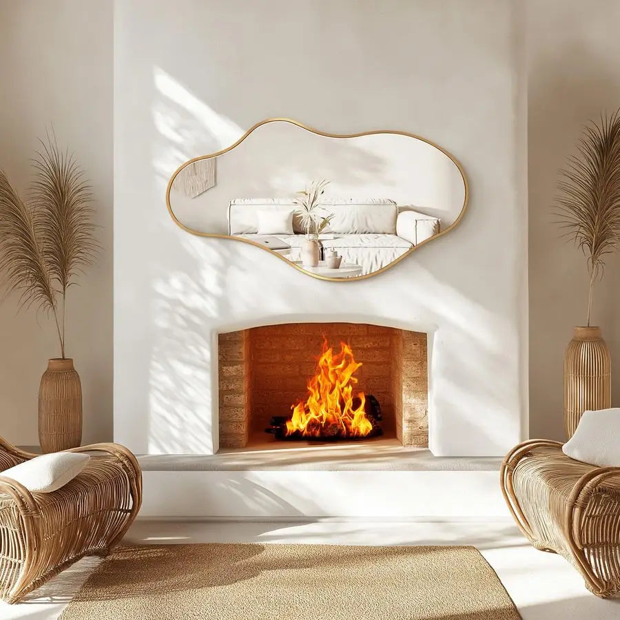 Wall cloud wavy Mirror, 20x36 Gold Abstract Asymmetrical  for Wall, Decorative