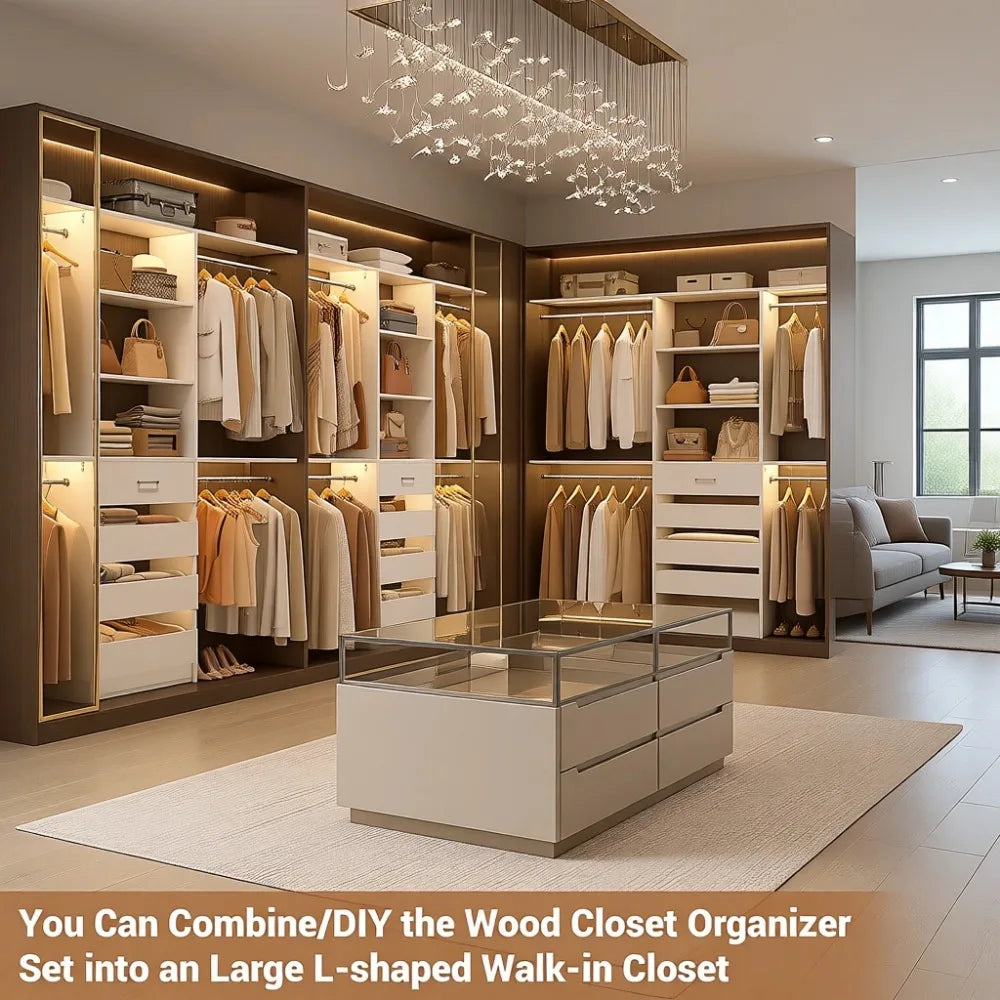4 Drawer 8FT Wood Closet Organizer with Shelves, 96" Tower for 4-9 ft Spaces,