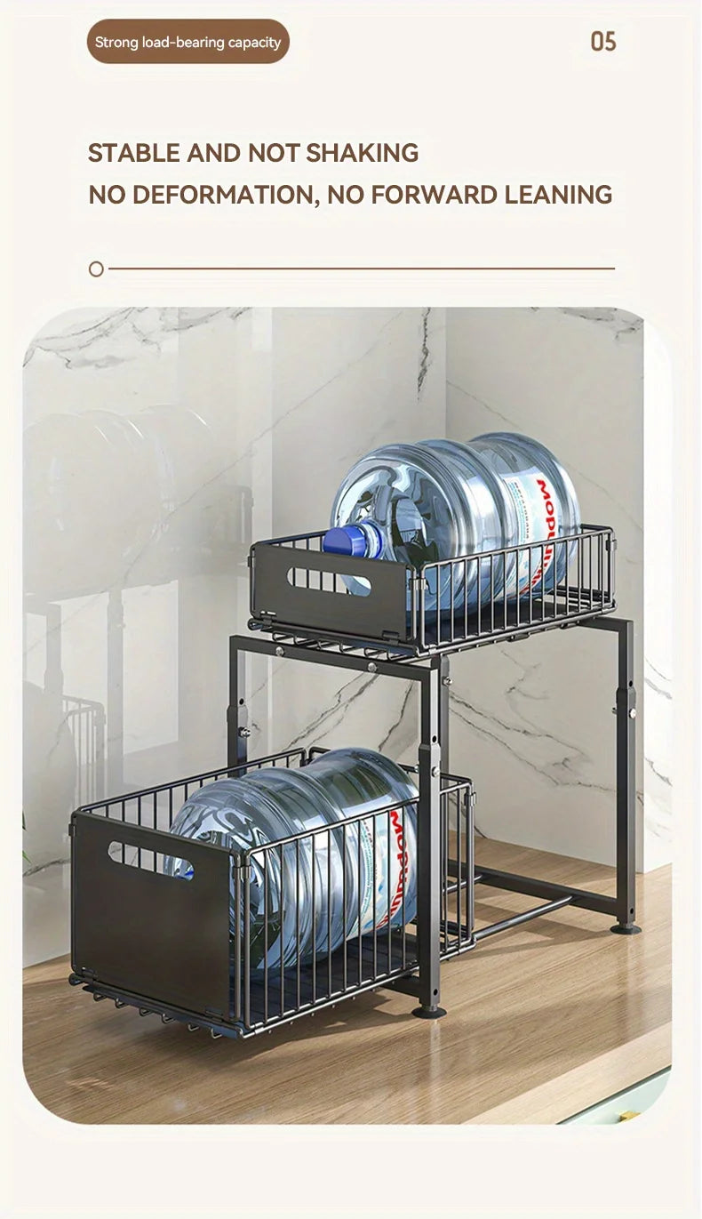 2 Tier Slide Out Cabinet Organizer , Adjustable Metal under sink storage shelf, Heavy Duty