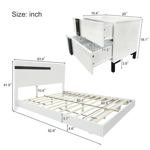 High Gloss 3-Piece  Queen Bedroom Set with Floating LED  Platform Bed  & 2 Nightstands,