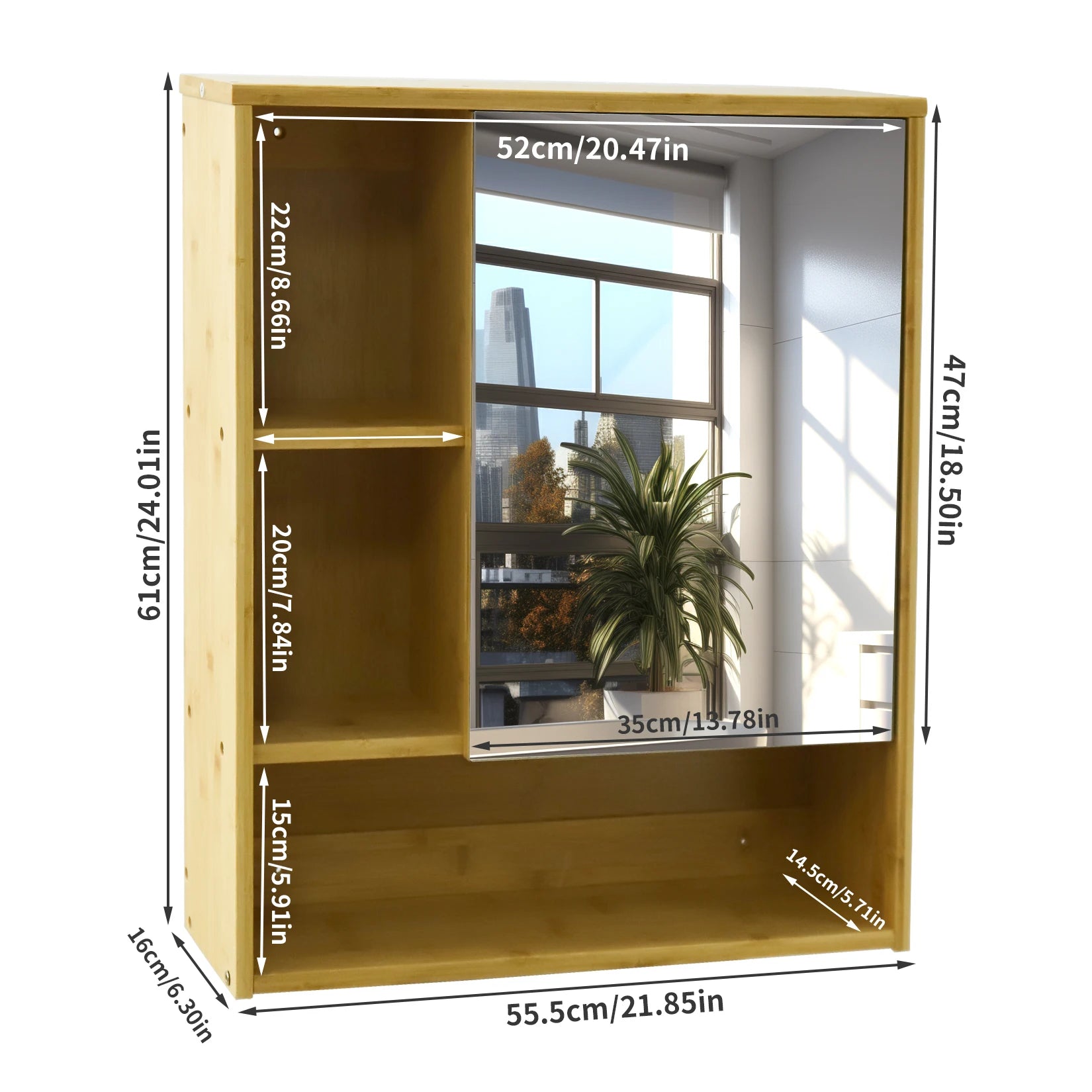 Natural Bamboo Bathroom  Medicine Cabinet with Mirror & 5 Open-Shelves
