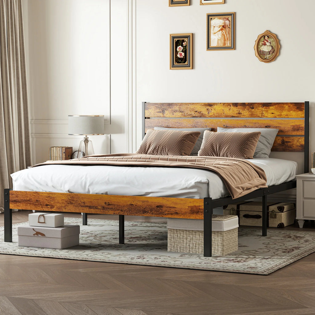 Wooden Headboard and Metal Platform Bed Frame No Box Spring Needed , 700LBS Sturdy Wooden Slats Support