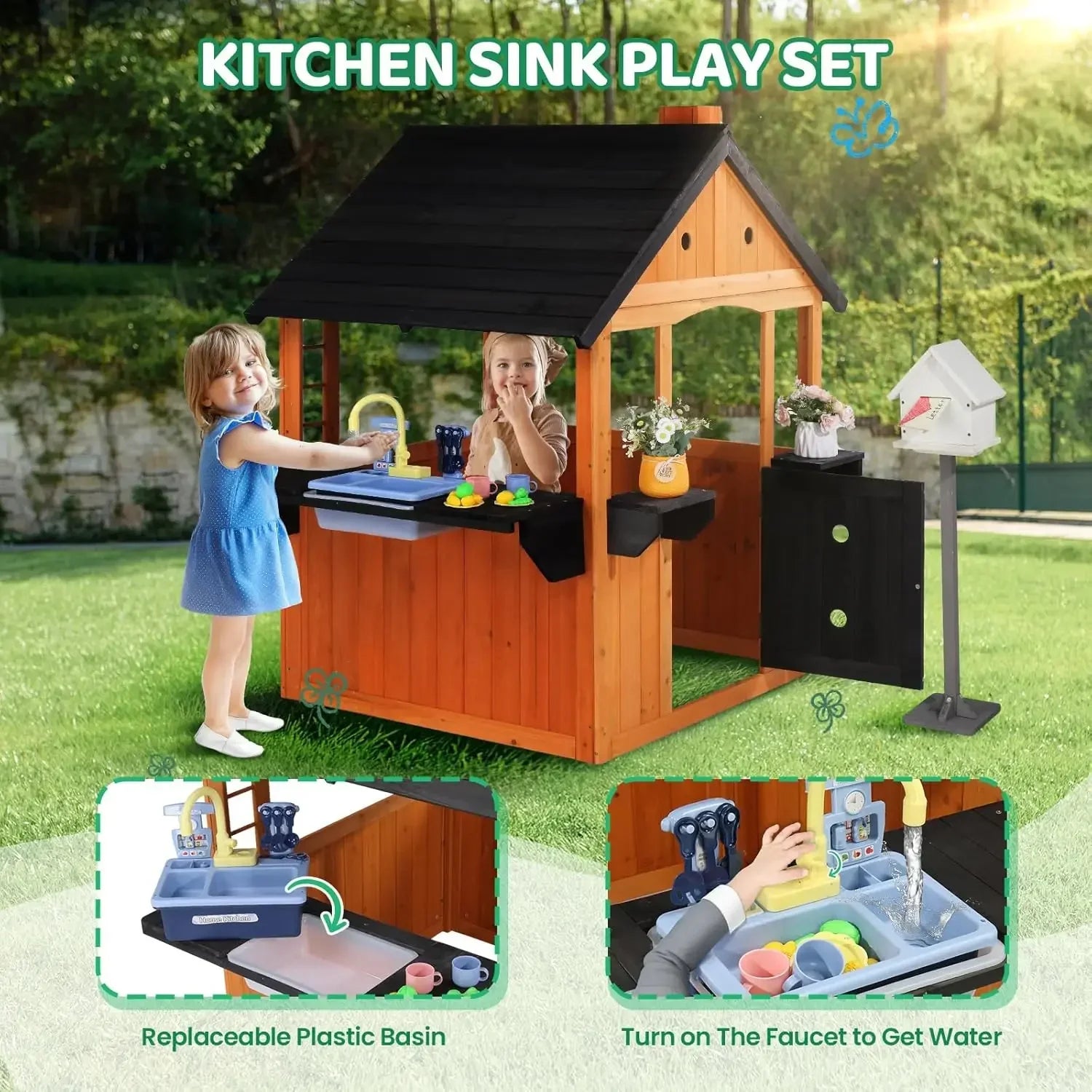 Kids Outdoor Playhouse with Sink Toys, Picnic Table, Mailbox, Spacious Wooden Toddler