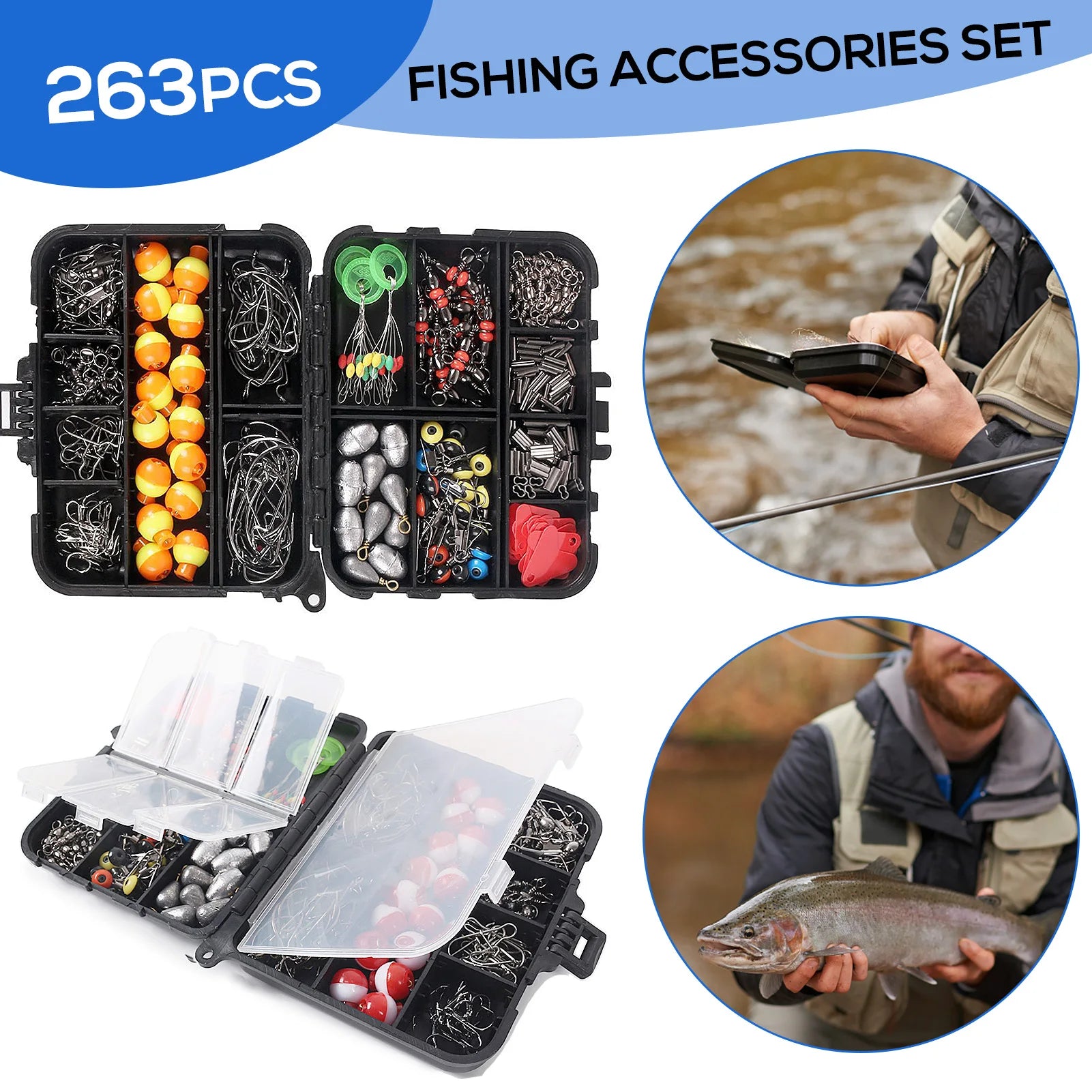 263pcs Fishing Accessories Kit with Tackle Box, Pliers ,Jig Hooks, Sinker Weights, Swivels & Snaps