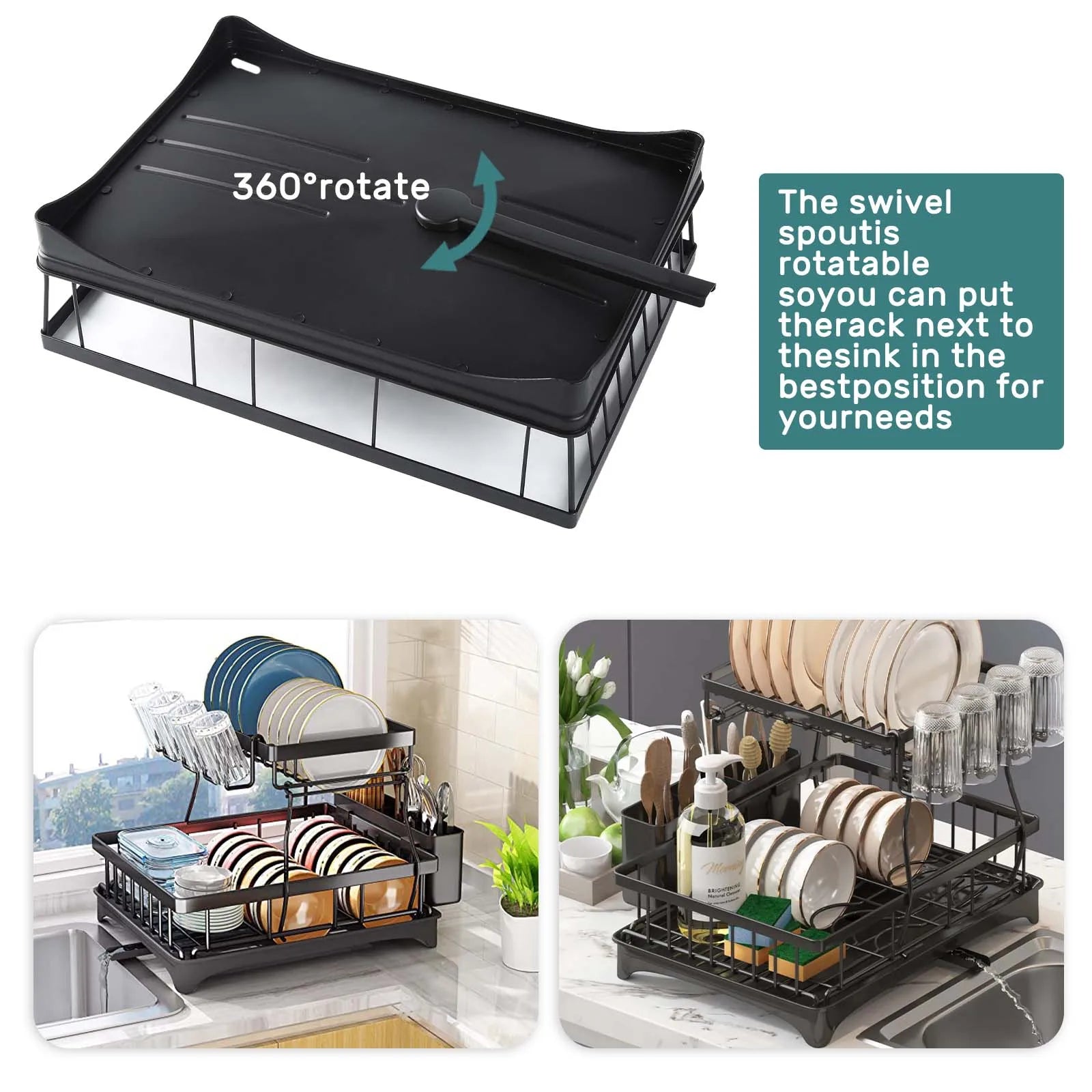 Large 2-tier dish drying rack for kitchen countertops, removable & large capacity