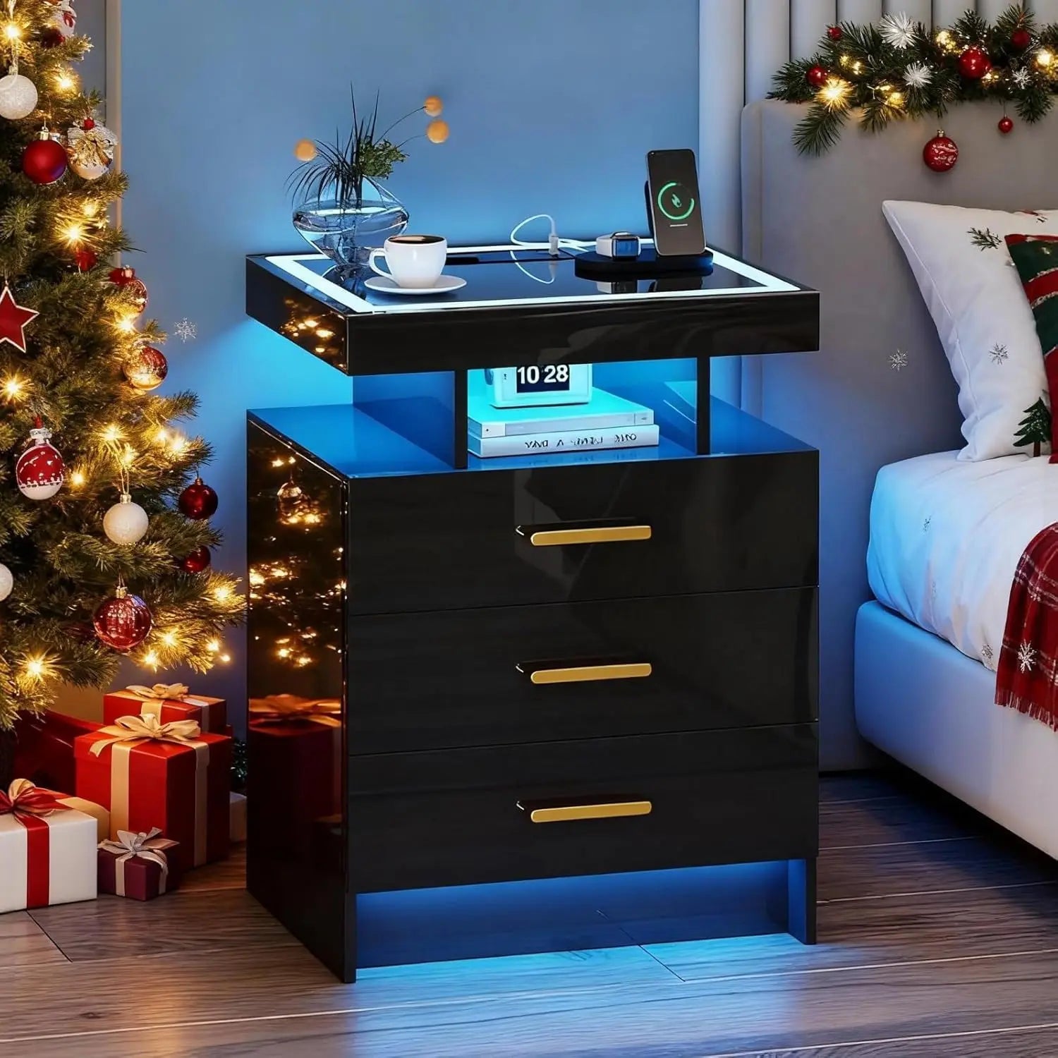 Black Night Stand Set 2  with Wireless Charging 3 Drawers Glass Top