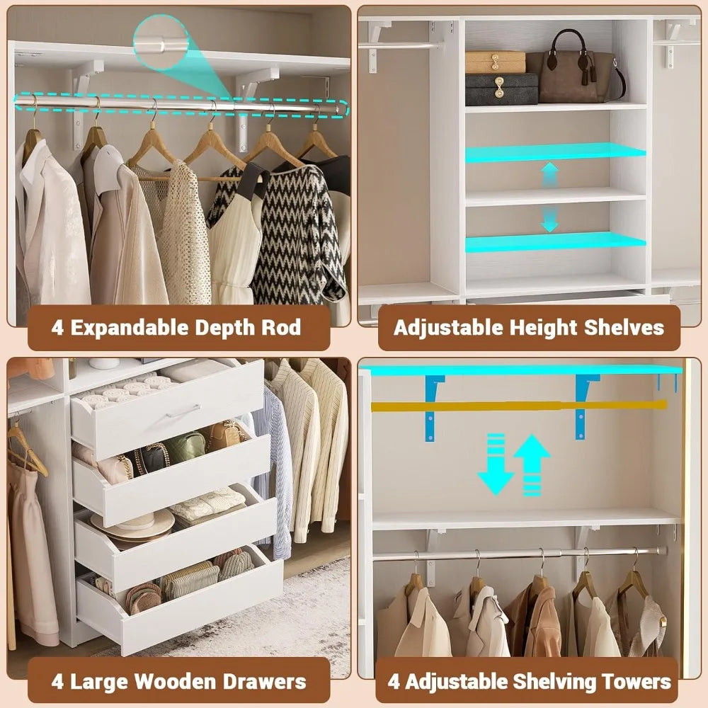 4 Drawer 8FT Wood Closet Organizer with Shelves, 96" Tower for 4-9 ft Spaces,