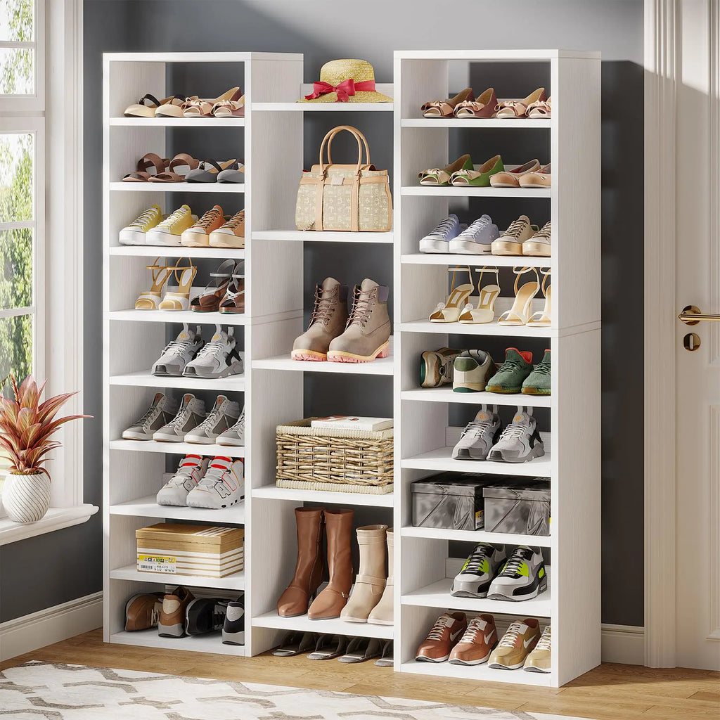 14-Tier , Freestanding White  Tall Shoe Rack with 22 Open Cubbies