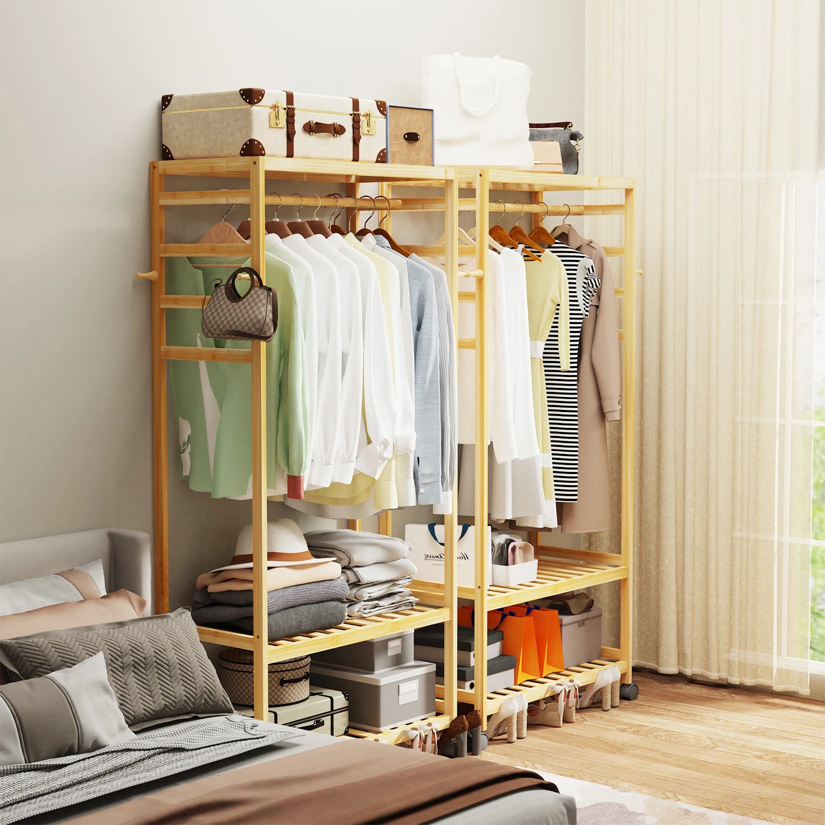 Heavy Duty Wooden Clothes Rail Rack Hanging Stand Side Hooks