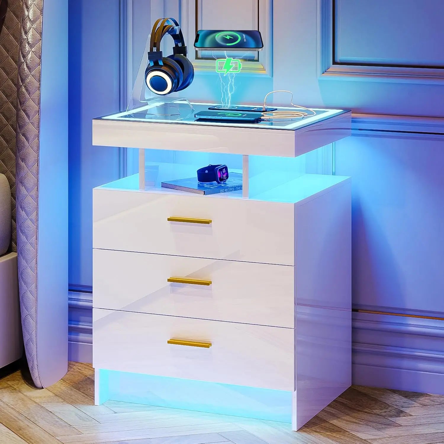 Nightstands with Wireless Charging , Auto Sensor 3 Color Dimmable LED