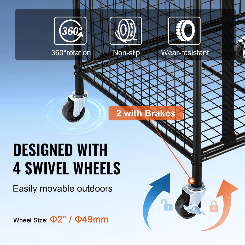 Rolling Sports Ball Storage Cart  Steel Rack for Garages Gym and Schools