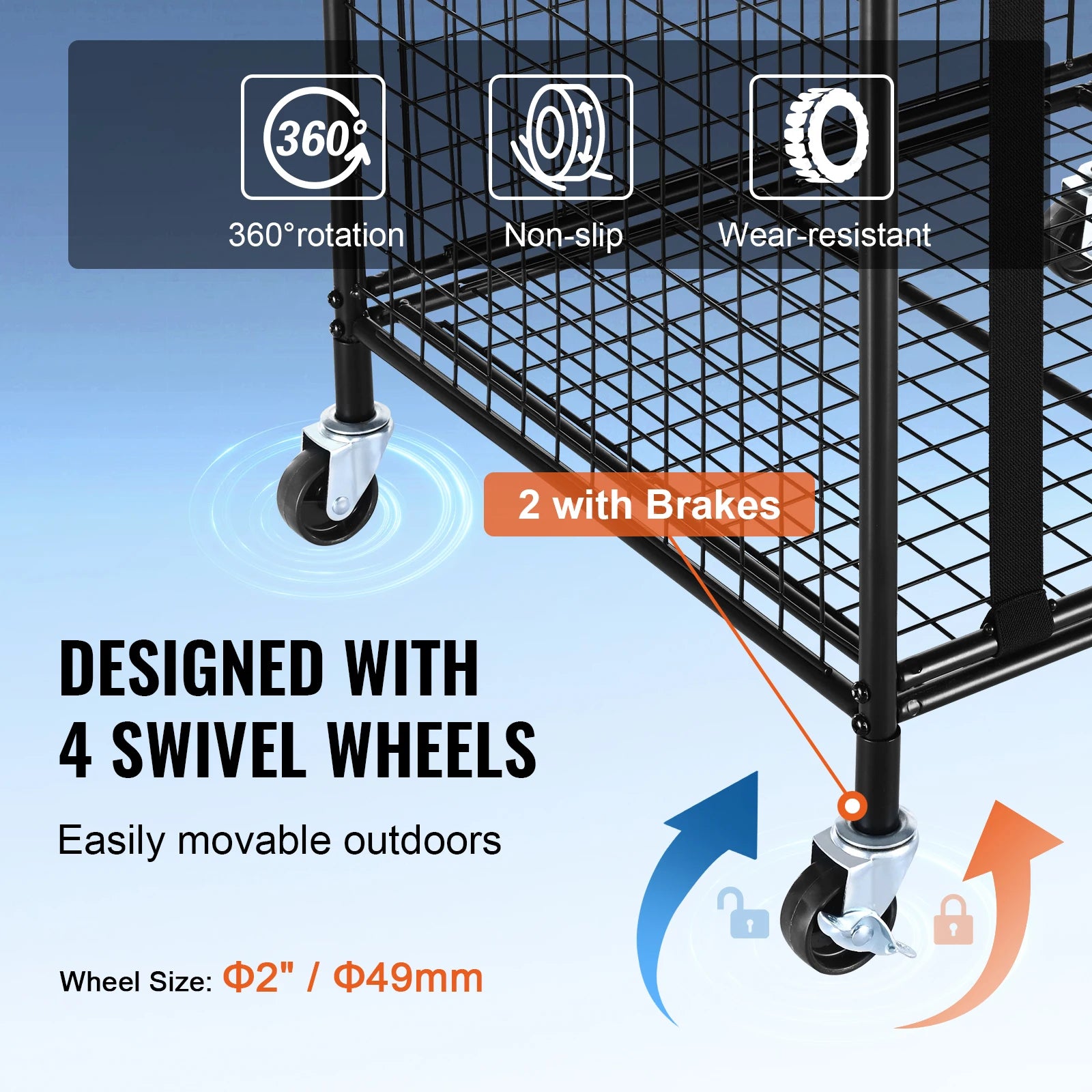 Rolling Sports Ball Storage Cart  Steel Rack for Garages Gym and Schools