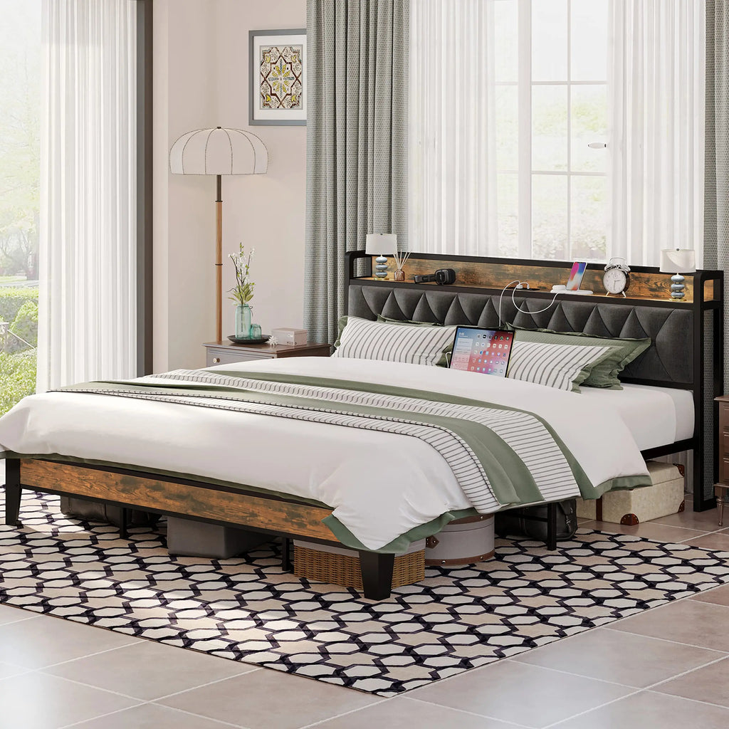 Twin/Twin XL/Full// Bed Frames, Storage Headboard with Outlets, No Noise, No Box Springs Needed