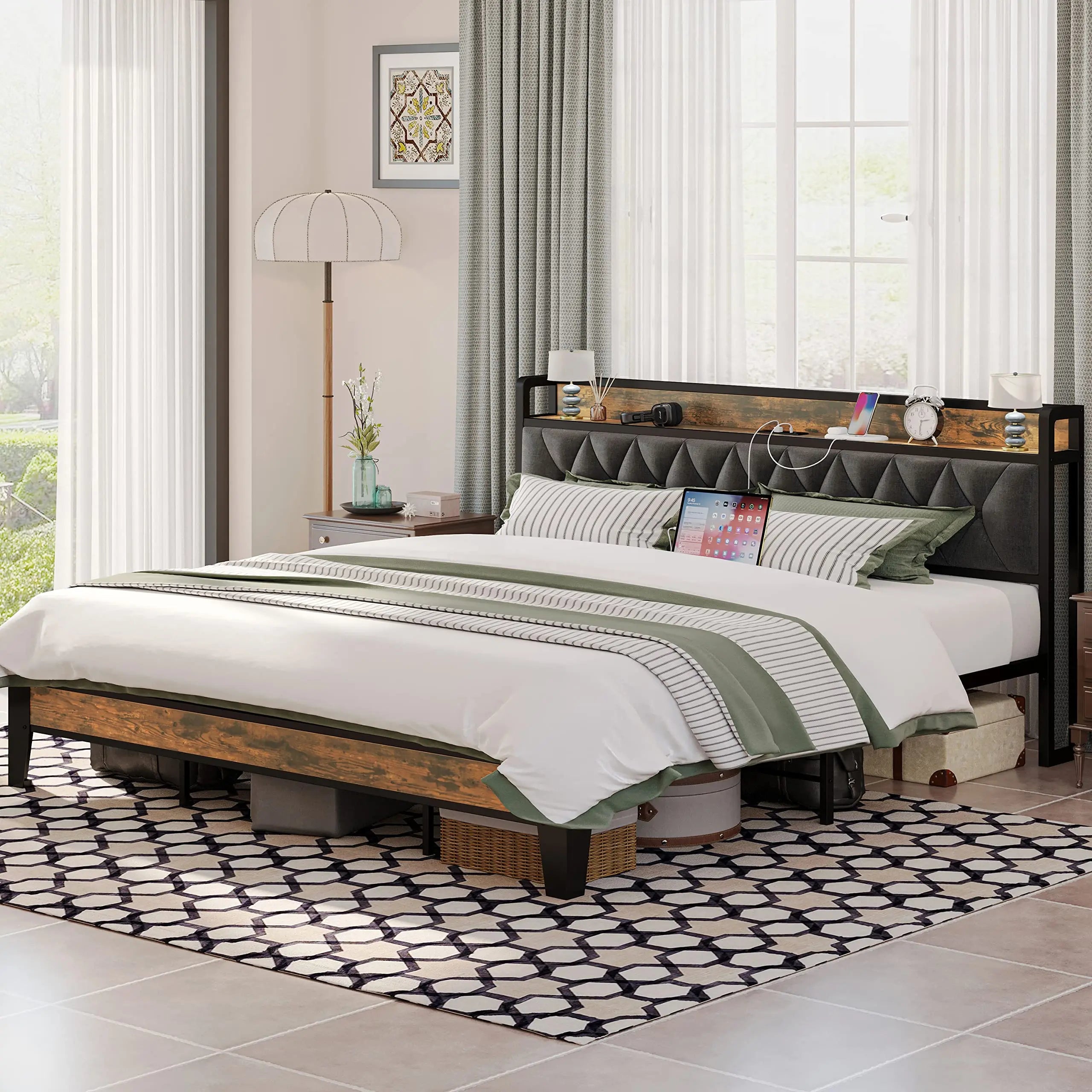 Twin/Twin XL/Full// Bed Frames, Storage Headboard with Outlets, No Noise, No Box Springs Needed