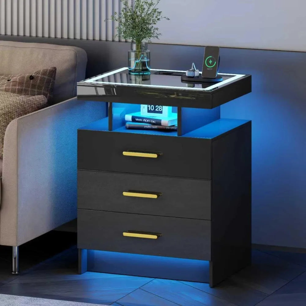 Black Night Stand Set 2  with Wireless Charging 3 Drawers Glass Top