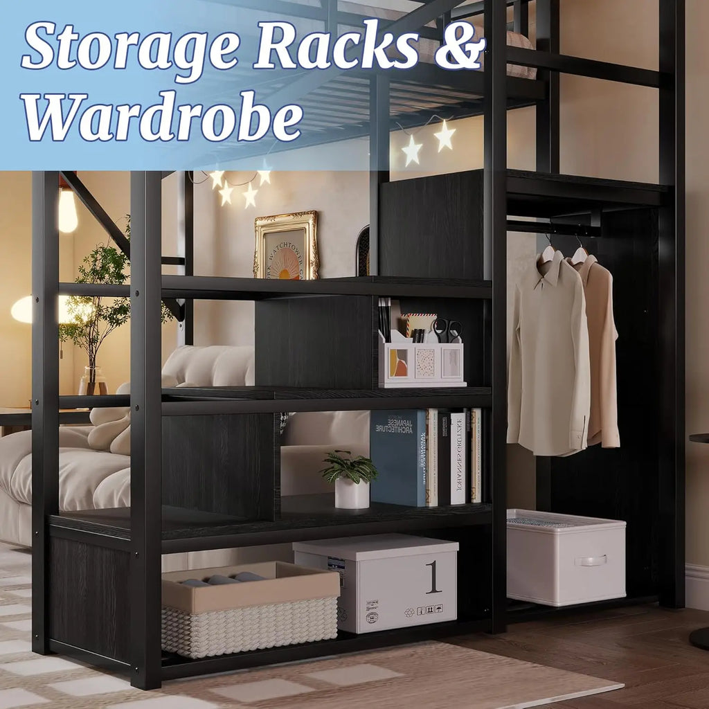 Queen  Metal Loft Bed with Stairs,  Storage, Wardrobe,& Bedside Shelf