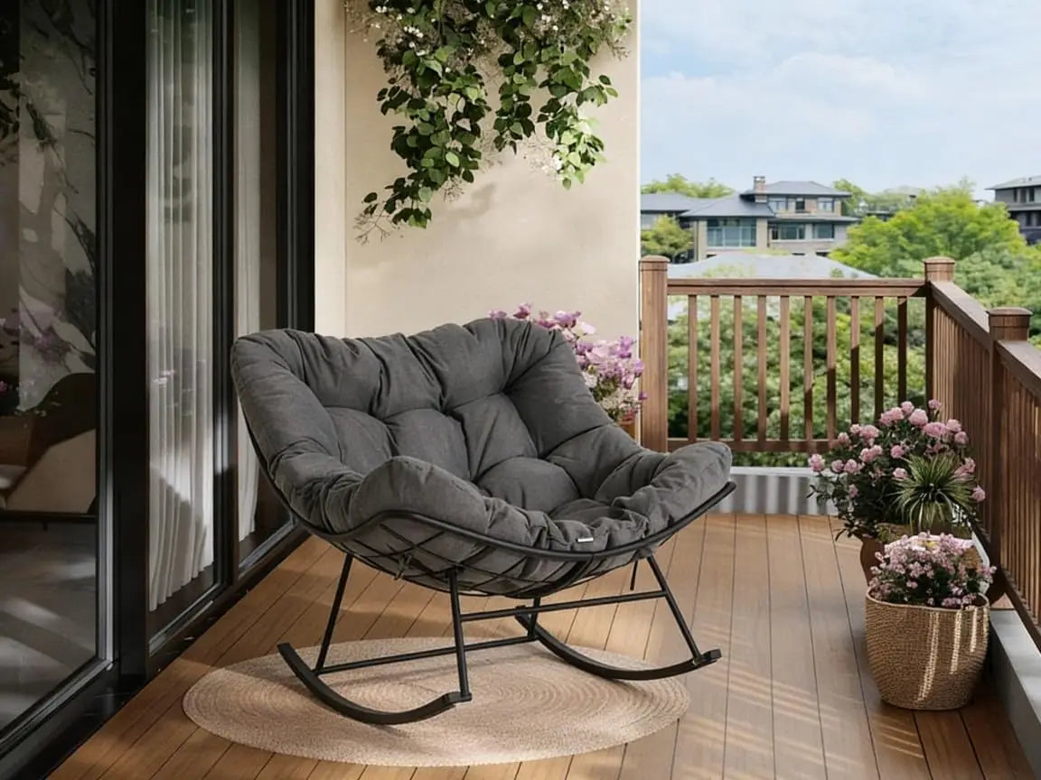 Outdoor Oversized Papasan Rattan Egg  Rocking Chair with Footrest, For, Patio ,  Balcony, Backyard ,Porch, Bedroom.