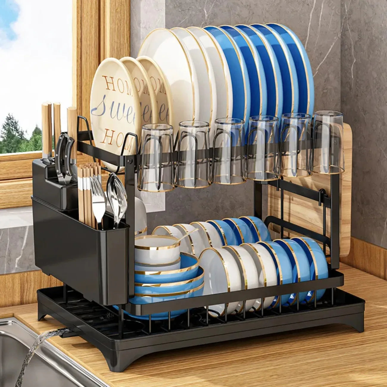 2-Tier Rotating Dish Drying Rack – 360° Swivel Drainboard  & Utensil Holder, No-Drill Metal Organizer