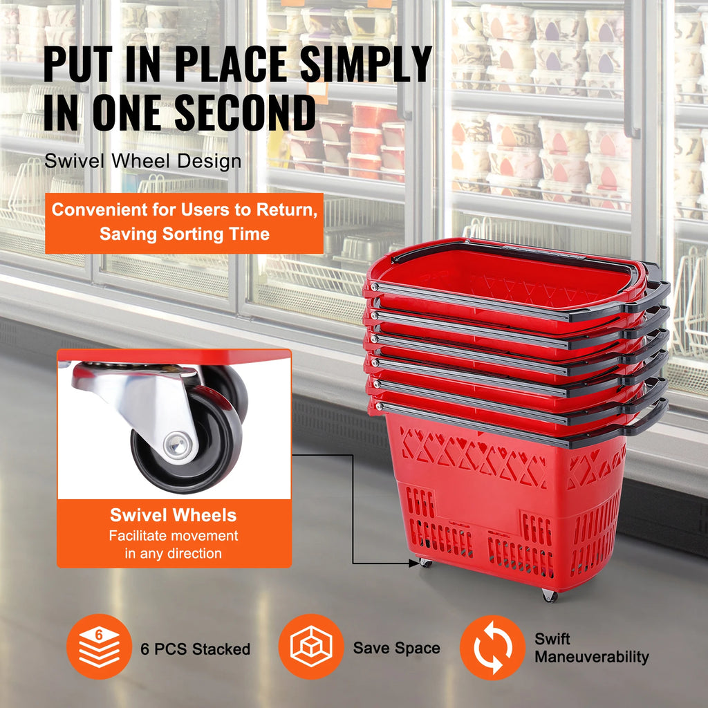6PCS Shopping Rolling Baskets 39L Carts with Handles & Wheels Portable  for Supermarkets
