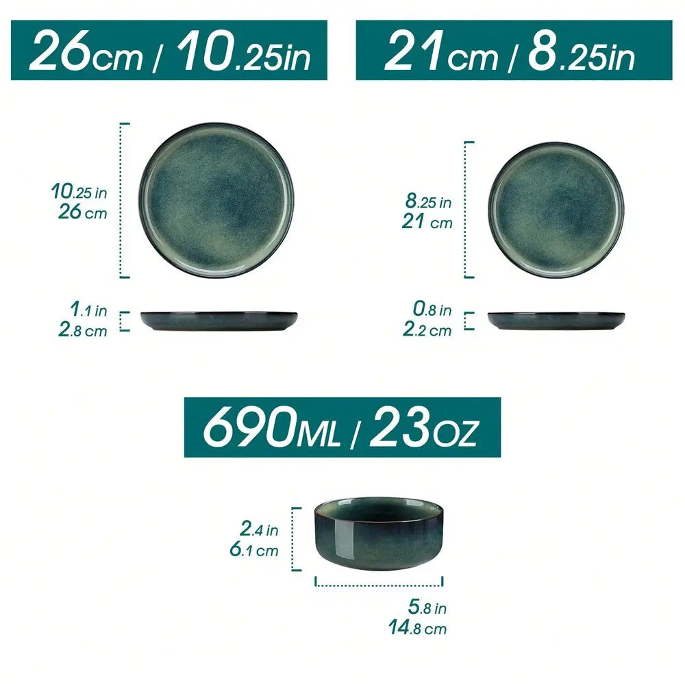 12 Pieces Kitchen Dinnerware Set, Green, Stoneware Dinnerware ,Set for 4 Round