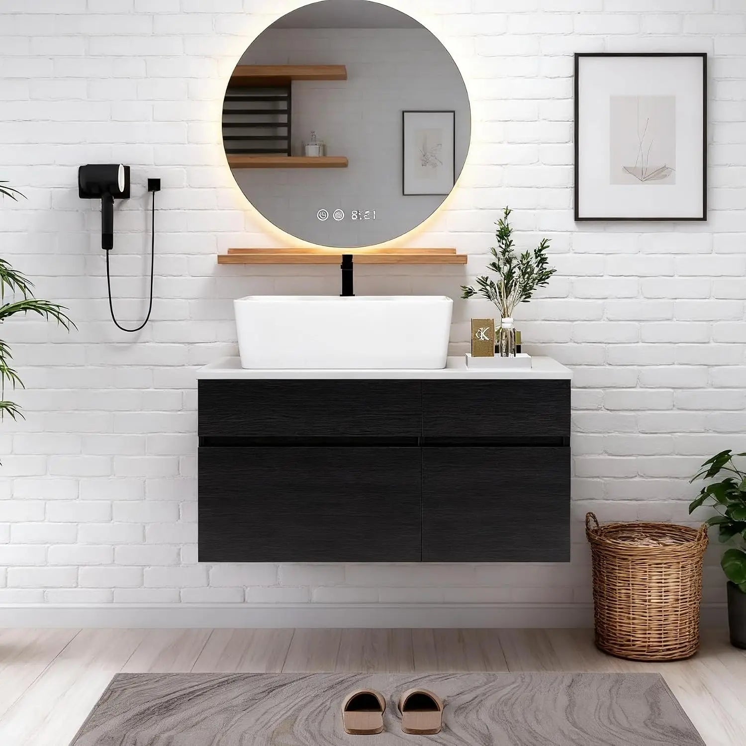 40" Modern Black Wall-Mounted Bathroom Vanity  with Ceramic Sink