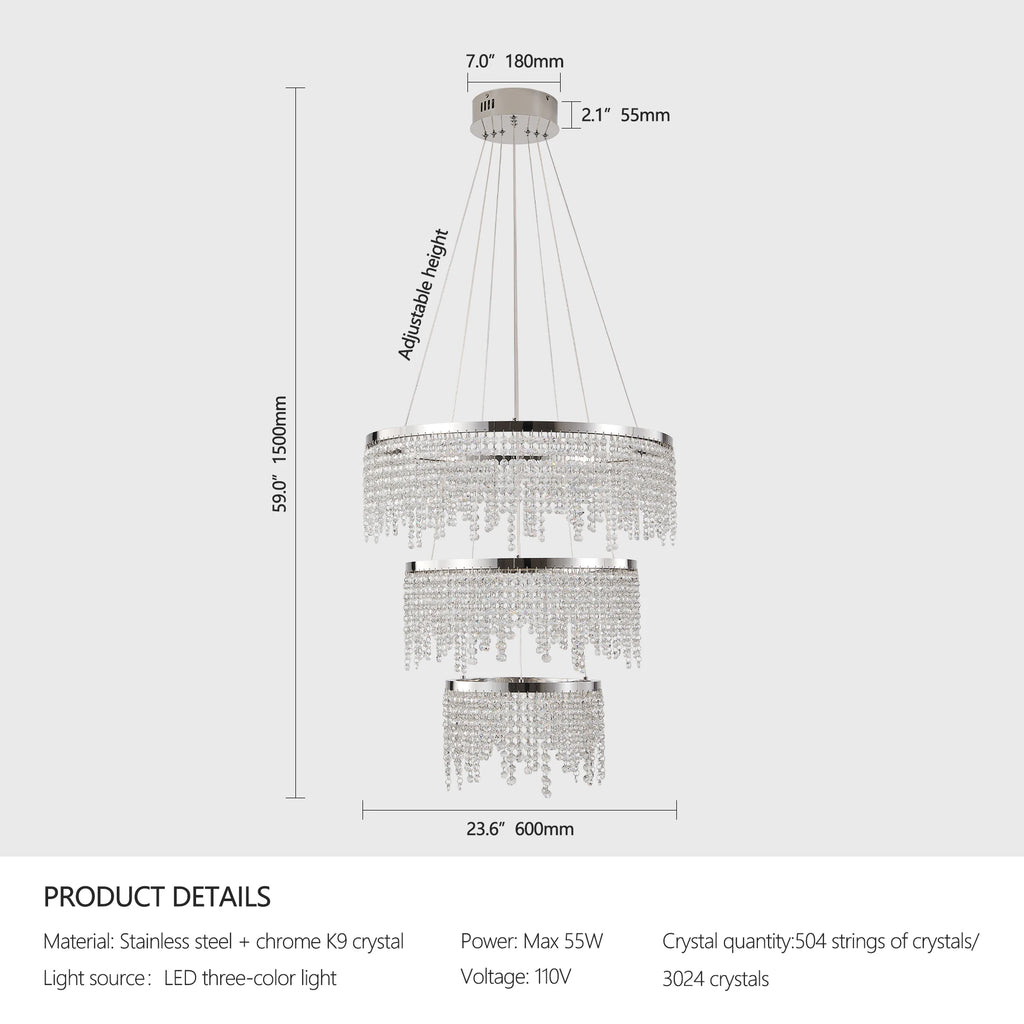 23.6-inch Crystal Chandelier, Dimmable Led Ceiling Lamp, Adjustable Color Temperature & HeightAdjustable Color Temperature & Height