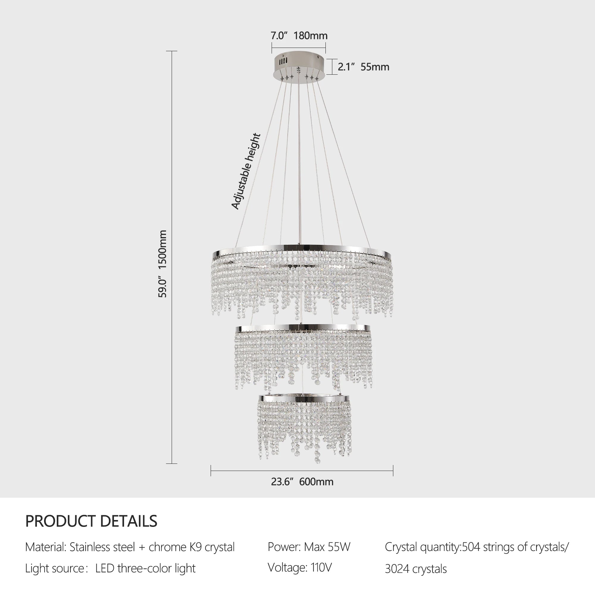 23.6-inch Crystal Chandelier, Dimmable Led Ceiling Lamp, Adjustable Color Temperature & HeightAdjustable Color Temperature & Height