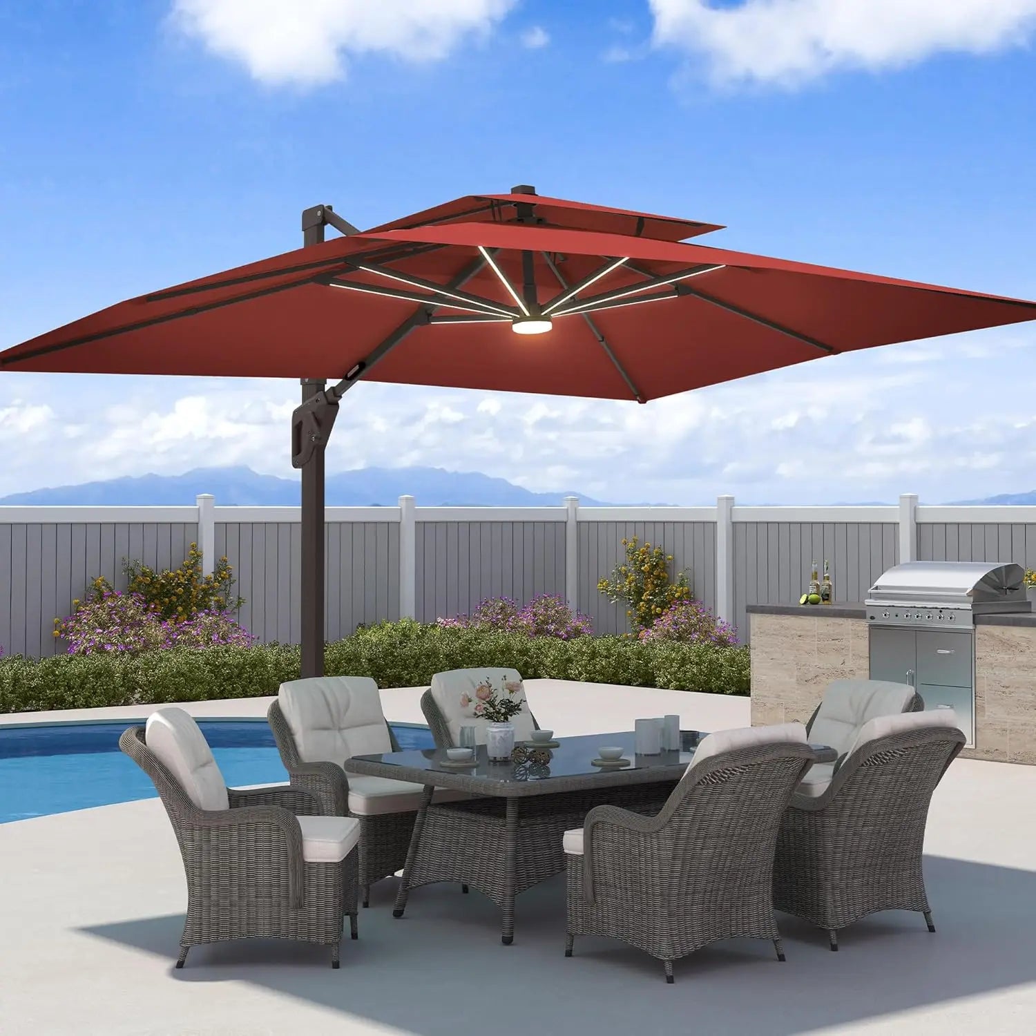 9x12 FT Offset  Patio Umbrella with LED Lights  Rectangle Aluminum