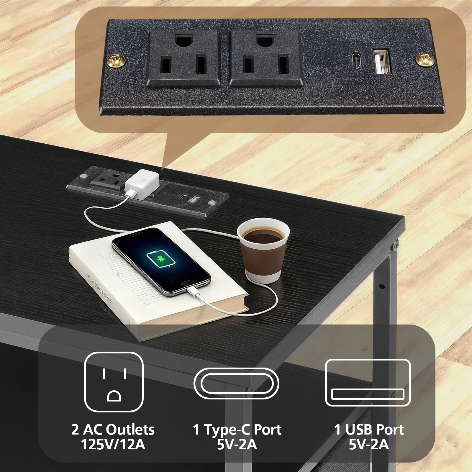 3 =Drawer Fabric Nightstand with Charging Station, USB-C Ports & Outlets