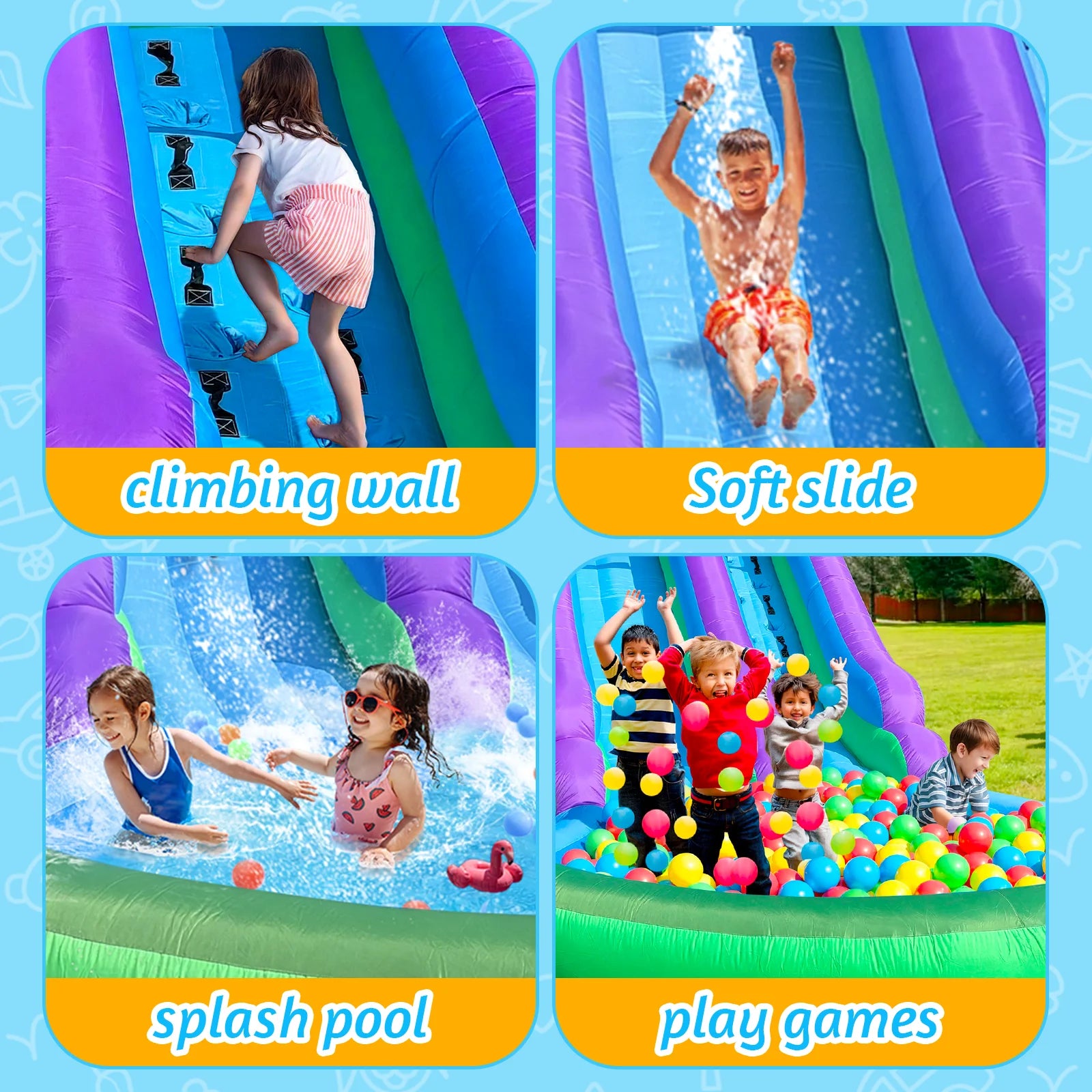 20FT  Kids Inflatable Water Slide Park with  Climbing Wall,  Dual Slides And Splash Pool
