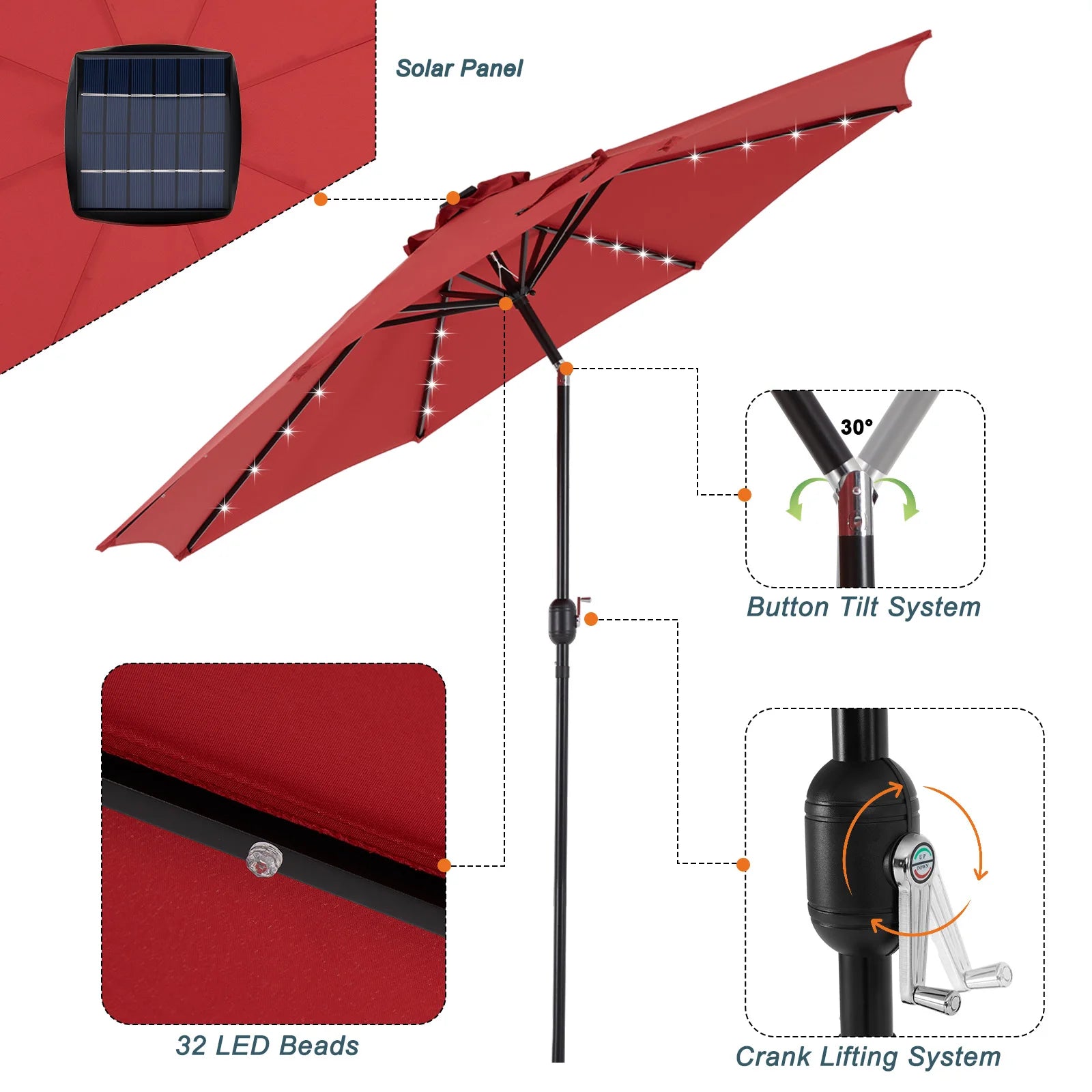 JHK 10FT Solar Patio outdoor Umbrella with 32 LED Lights UV-Resistant Table Umbrella with Tilt and Crank