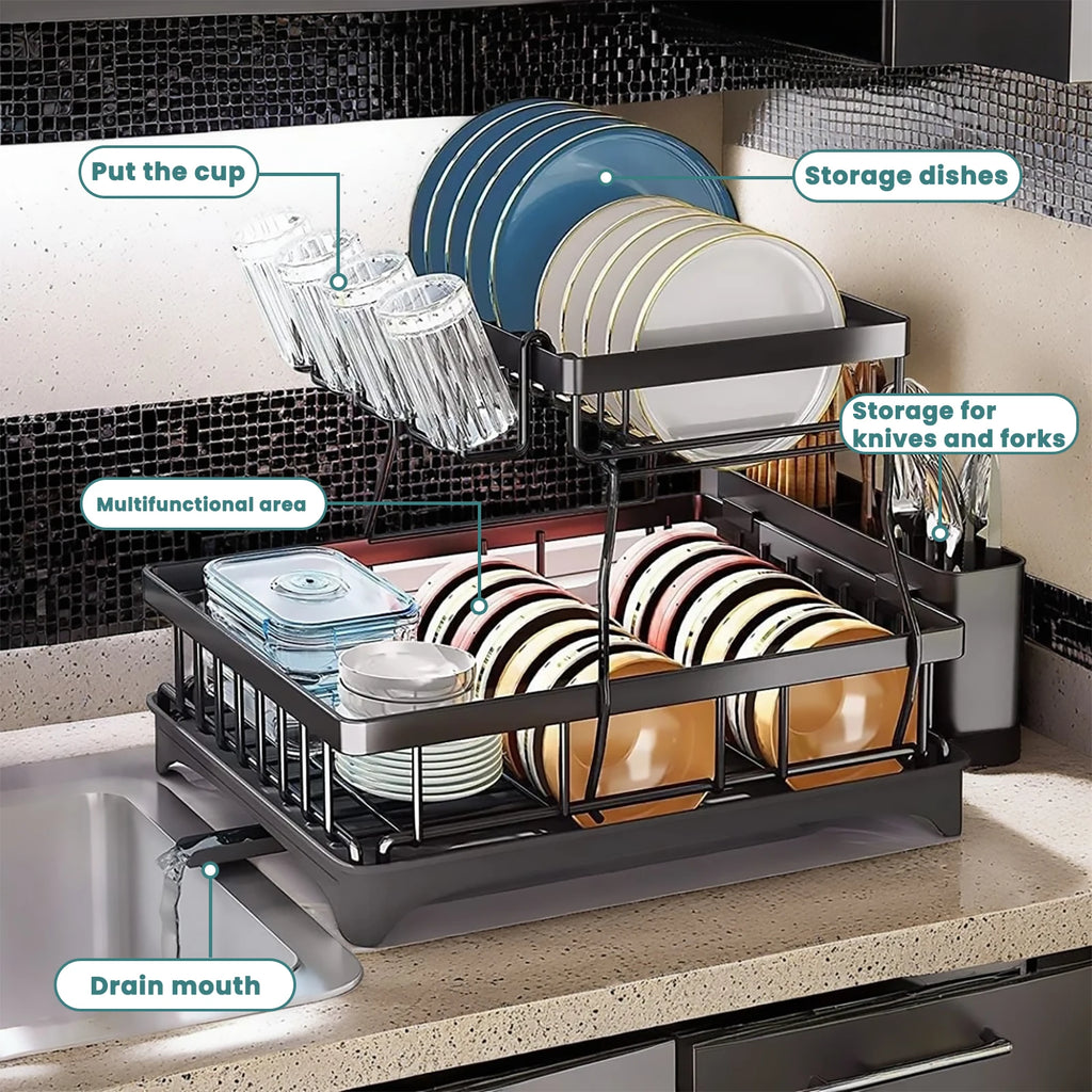 Large 2-tier dish drying rack for kitchen countertops, removable & large capacity