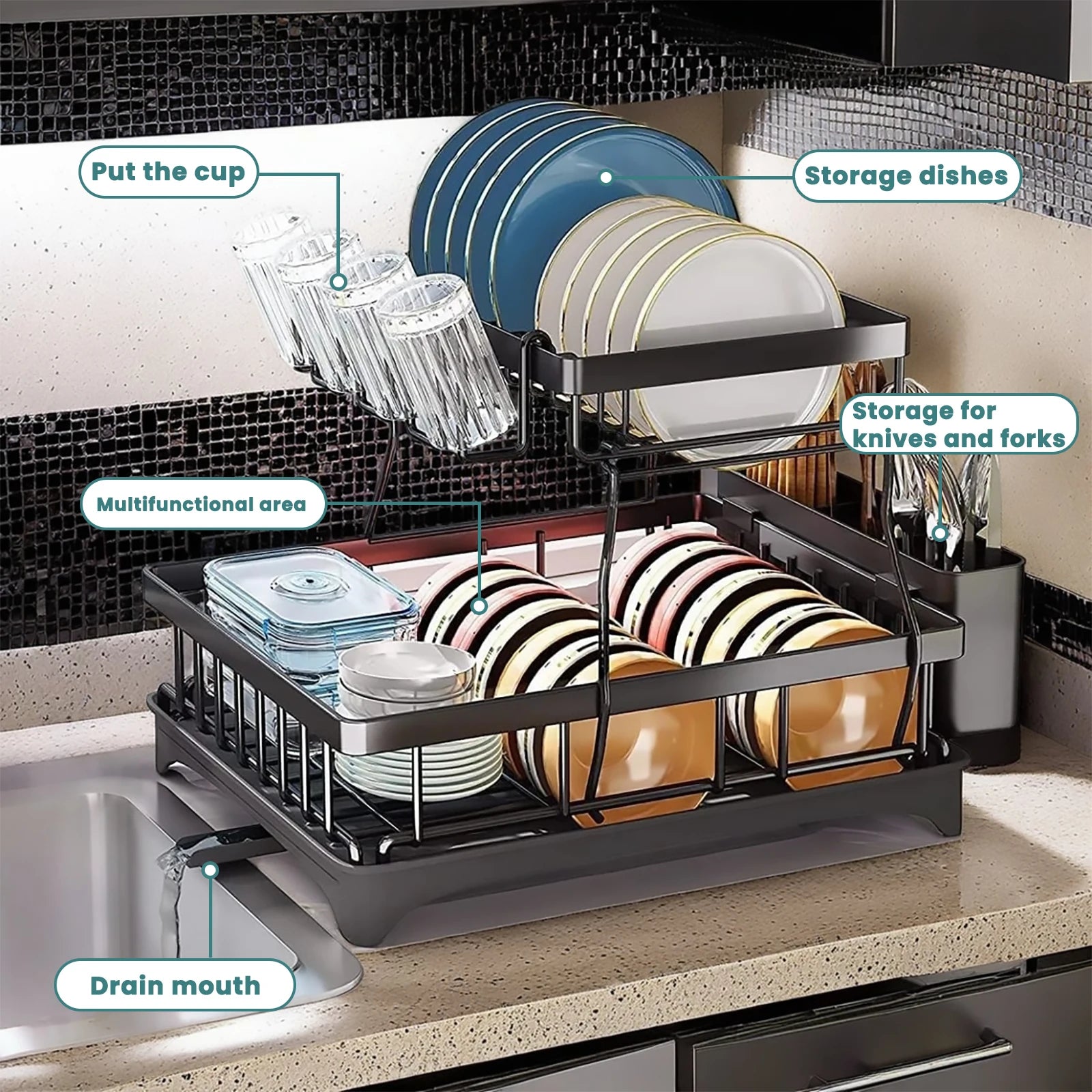 Large 2-tier dish drying rack for kitchen countertops, removable & large capacity
