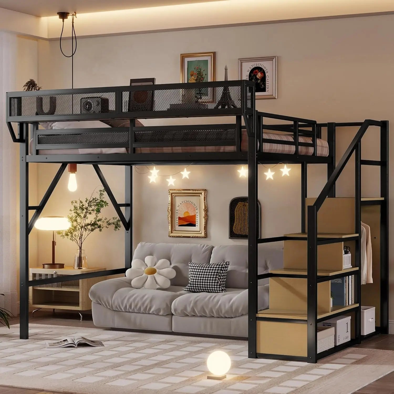Queen  Metal Loft Bed with Stairs,  Storage, Wardrobe,& Bedside Shelf