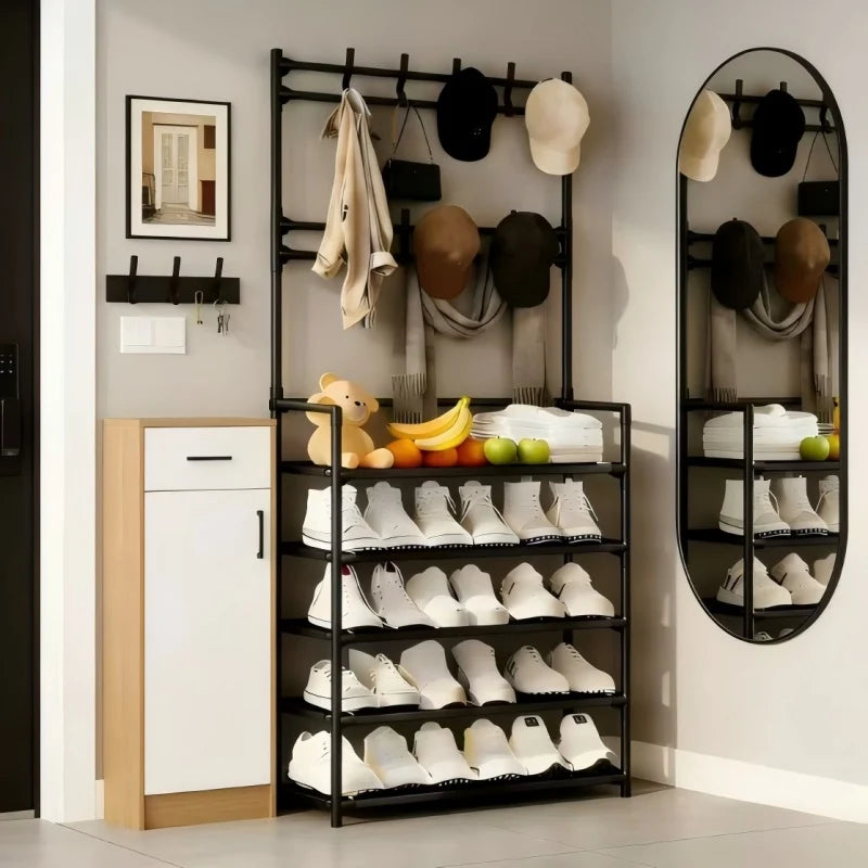 5 Tier Free standing Shoe Rack with Coat & Hat Hooks - Multi-Functional Entryway Storage Organizer