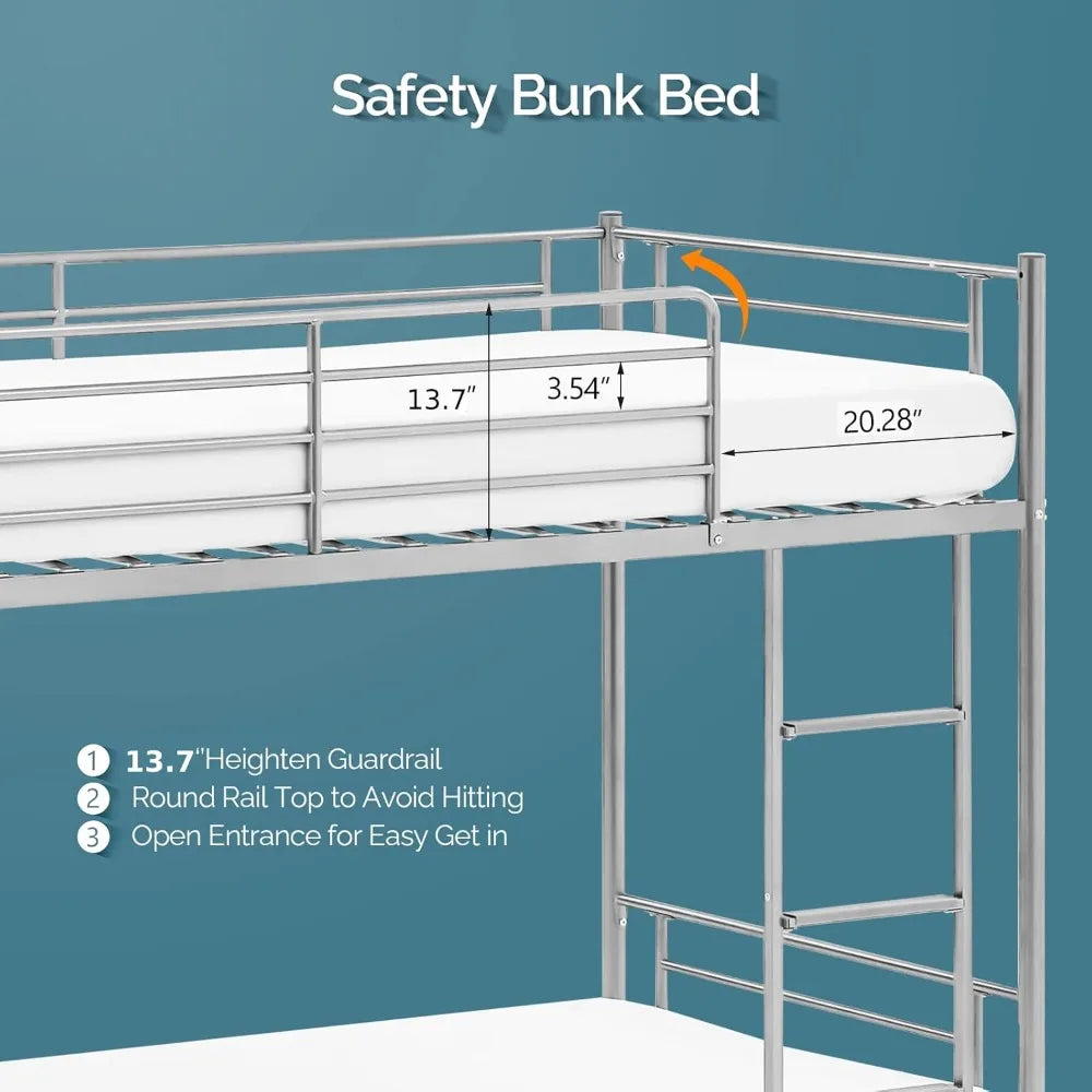Metal Bunk Bed Twin Over Twin, Heavy Duty with Flat Steps for Kids, Teens & Adults,