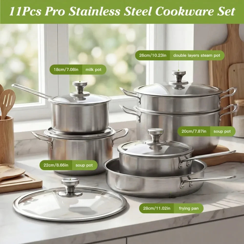 11Piece Stainless Steel Set,  Induction , Silver,