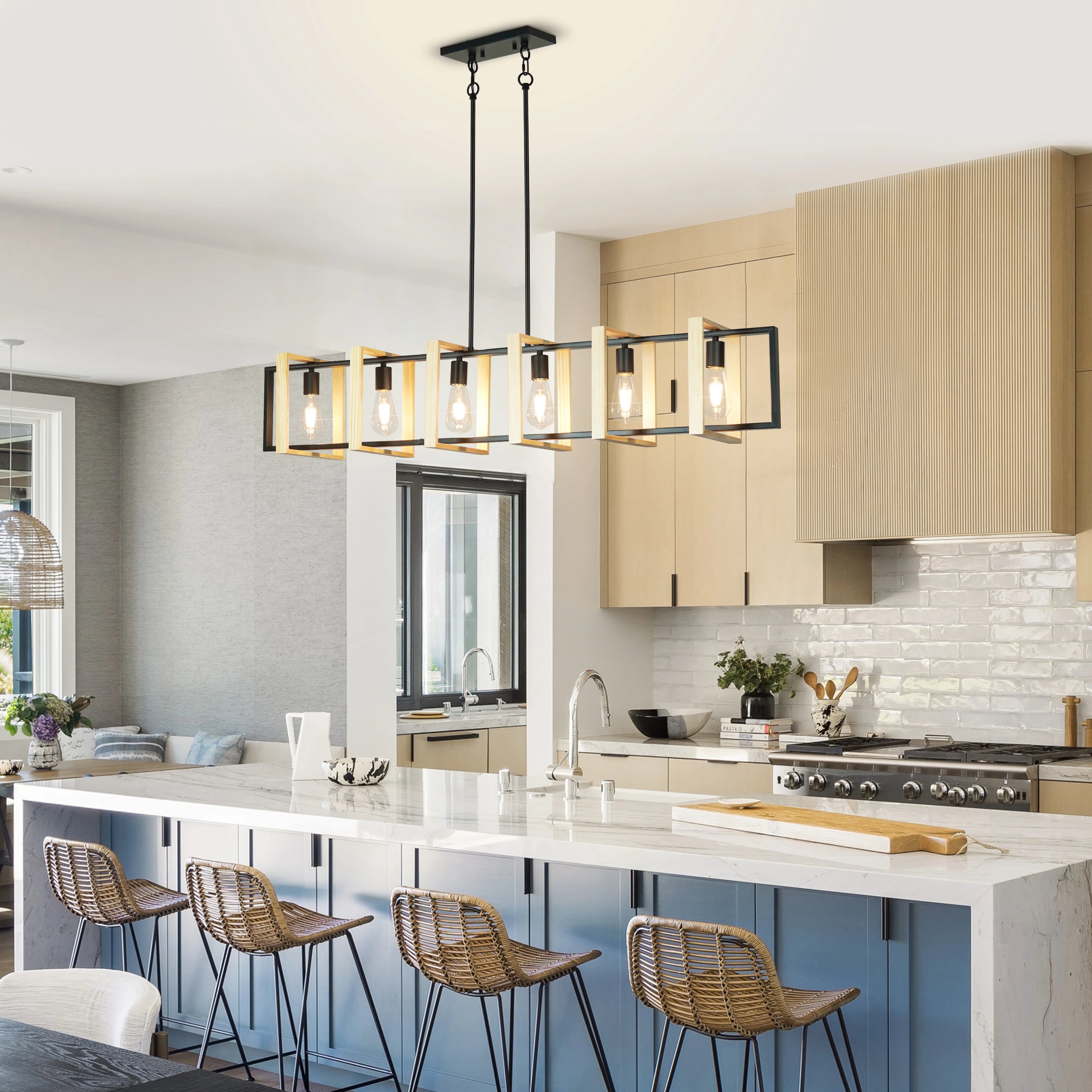 Modern Farmhouse Kitchen Island Light with Wood Shades- Dimmable  Chandeliers for Kitchen, Dining Room