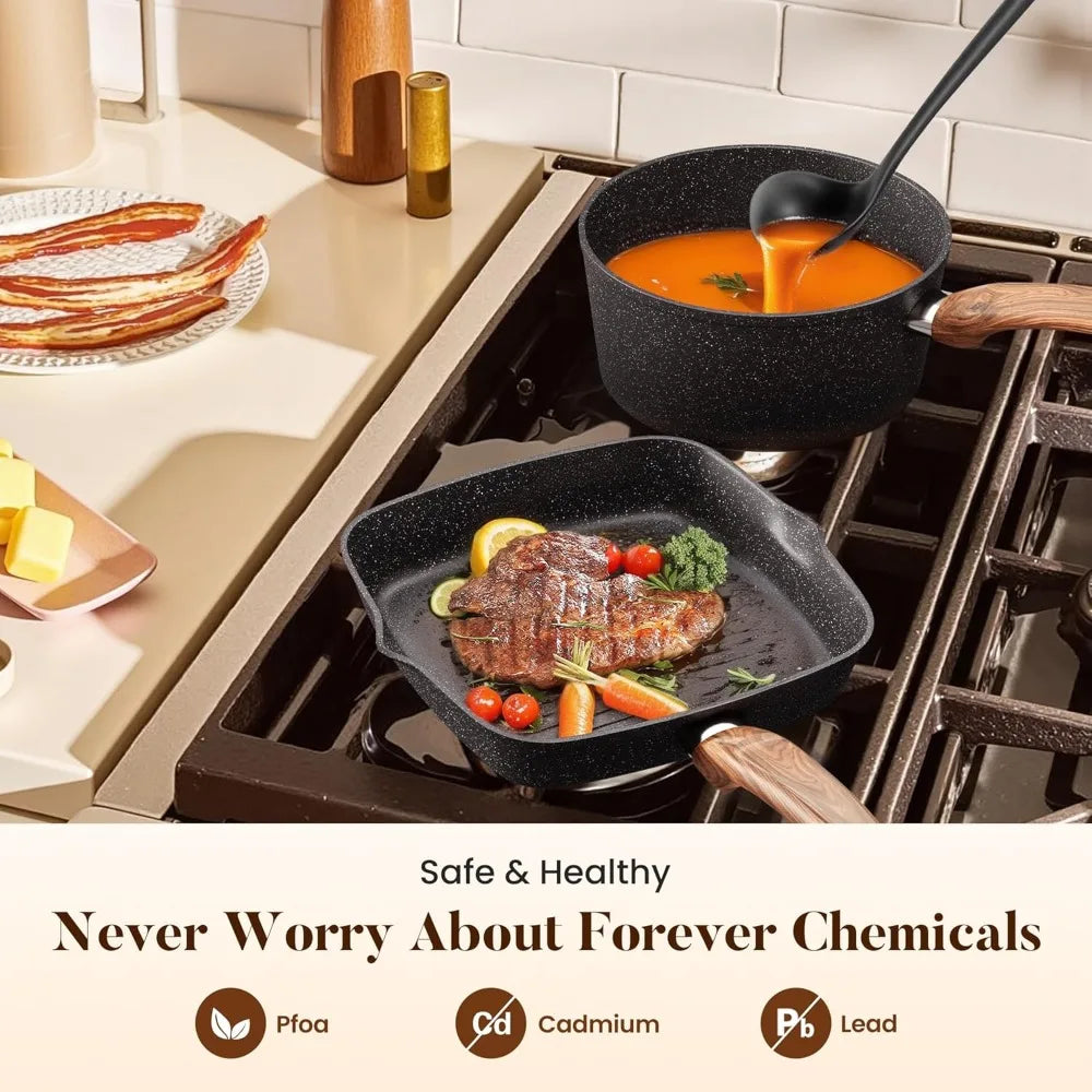17Pcs Induction Cookware Sets, Granite Pots and Pans Non Stick, Black