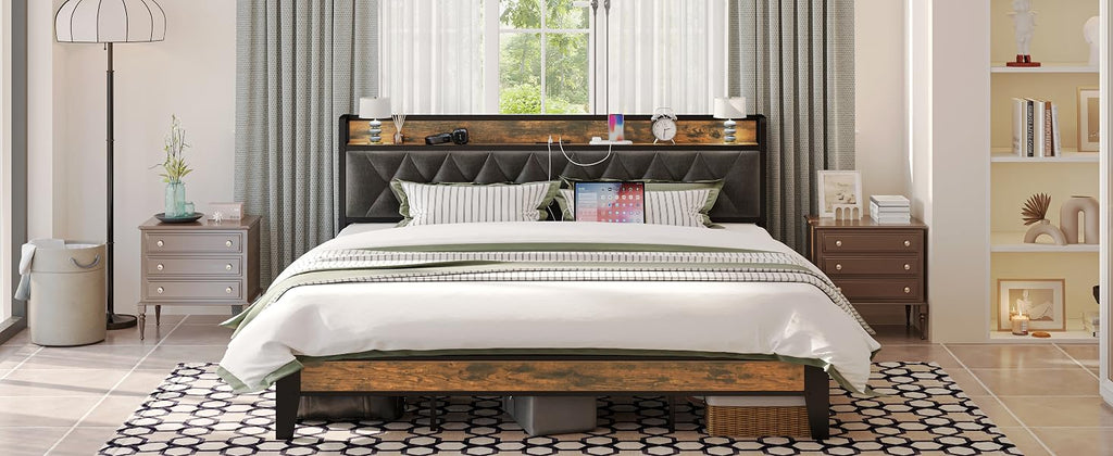 Twin/Twin XL/Full// Bed Frames, Storage Headboard with Outlets, No Noise, No Box Springs Needed
