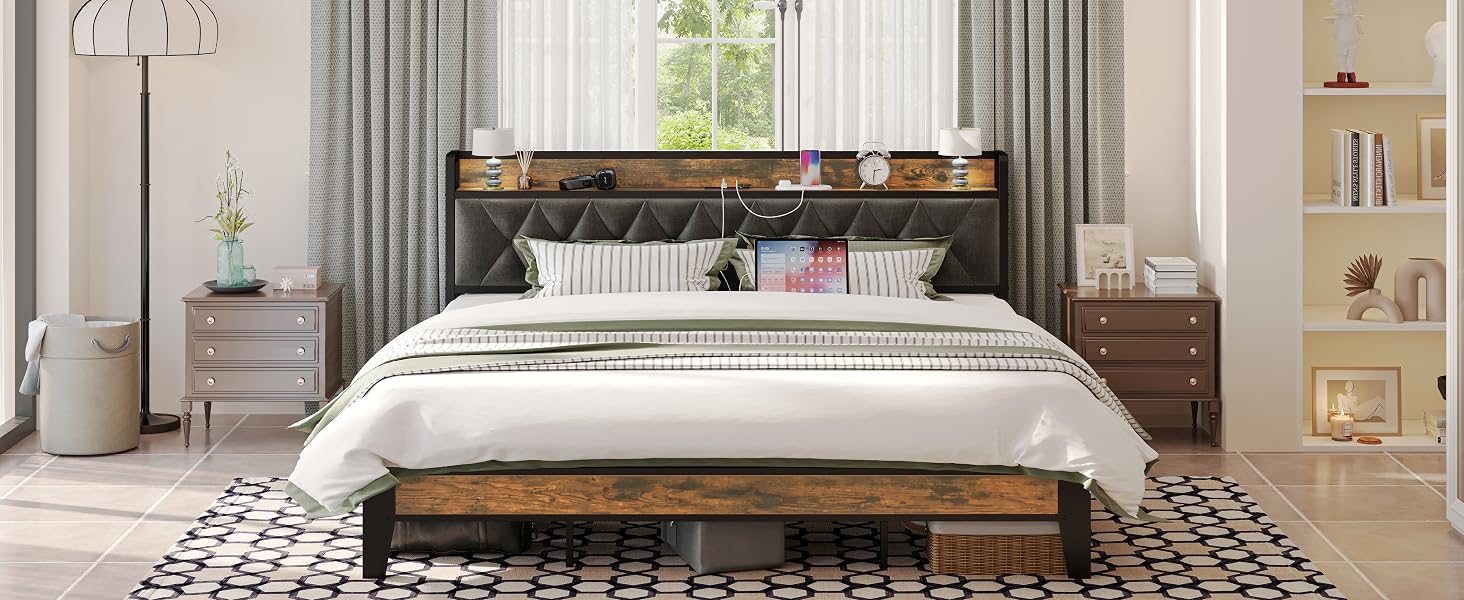 Twin/Twin XL/Full// Bed Frames, Storage Headboard with Outlets, No Noise, No Box Springs Needed